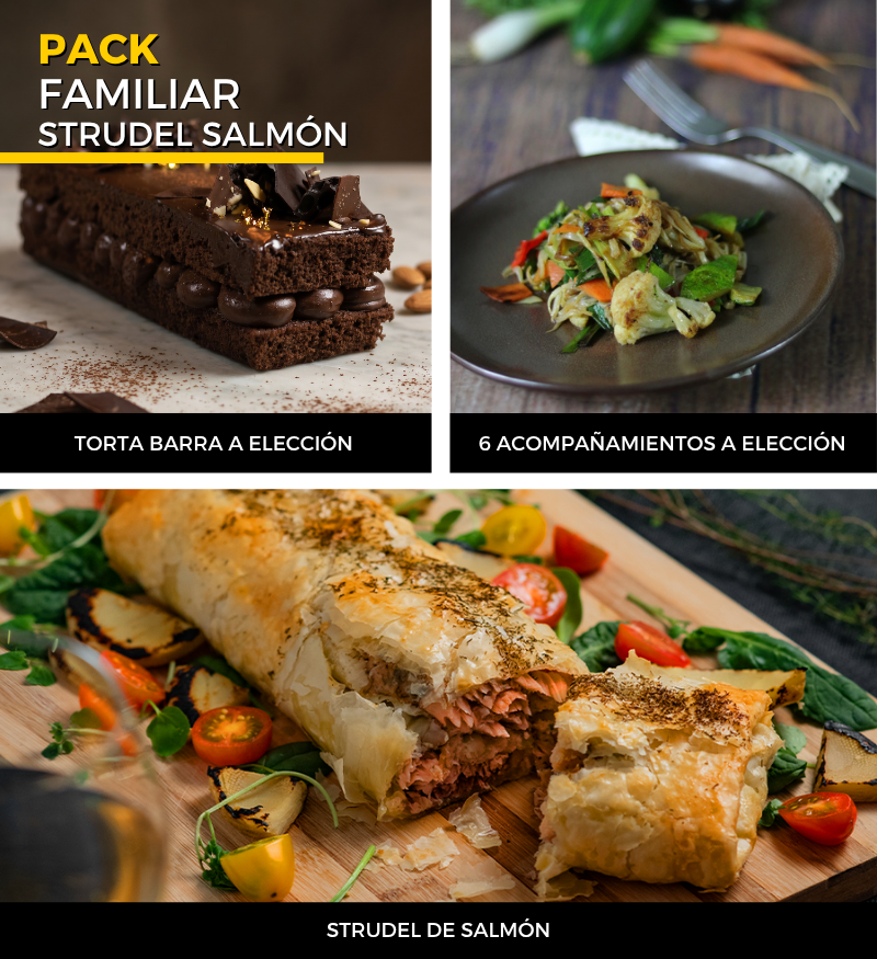 PKBE071 (1) Pack familiar Strudel de Salmón más 6 acompañamientos y Torta Barra a elección - Imagen 1