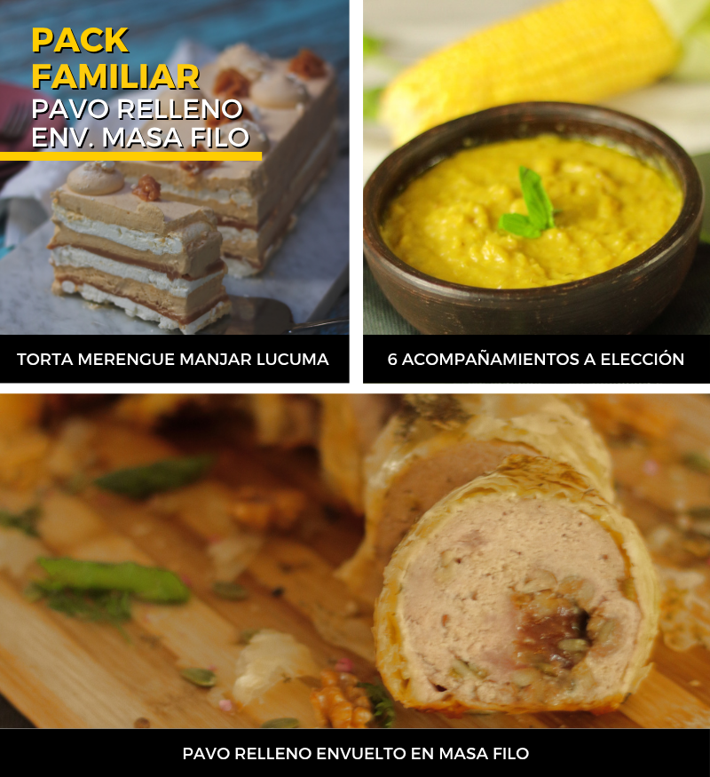 PKBE078 Pack familiar Pechuga de Pavo Rellena Envuelta en Masa Filo más 6 acompañamientos y Torta Barra a elección - Imagen 1